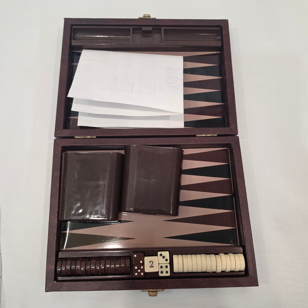 Backgammon Set Brown Textured Folding Travel Case 13.5 Inch Board with Pieces